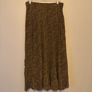 Vintage Carole Little Midi Skirt Size 8 Black Mustard Floral Made in USA